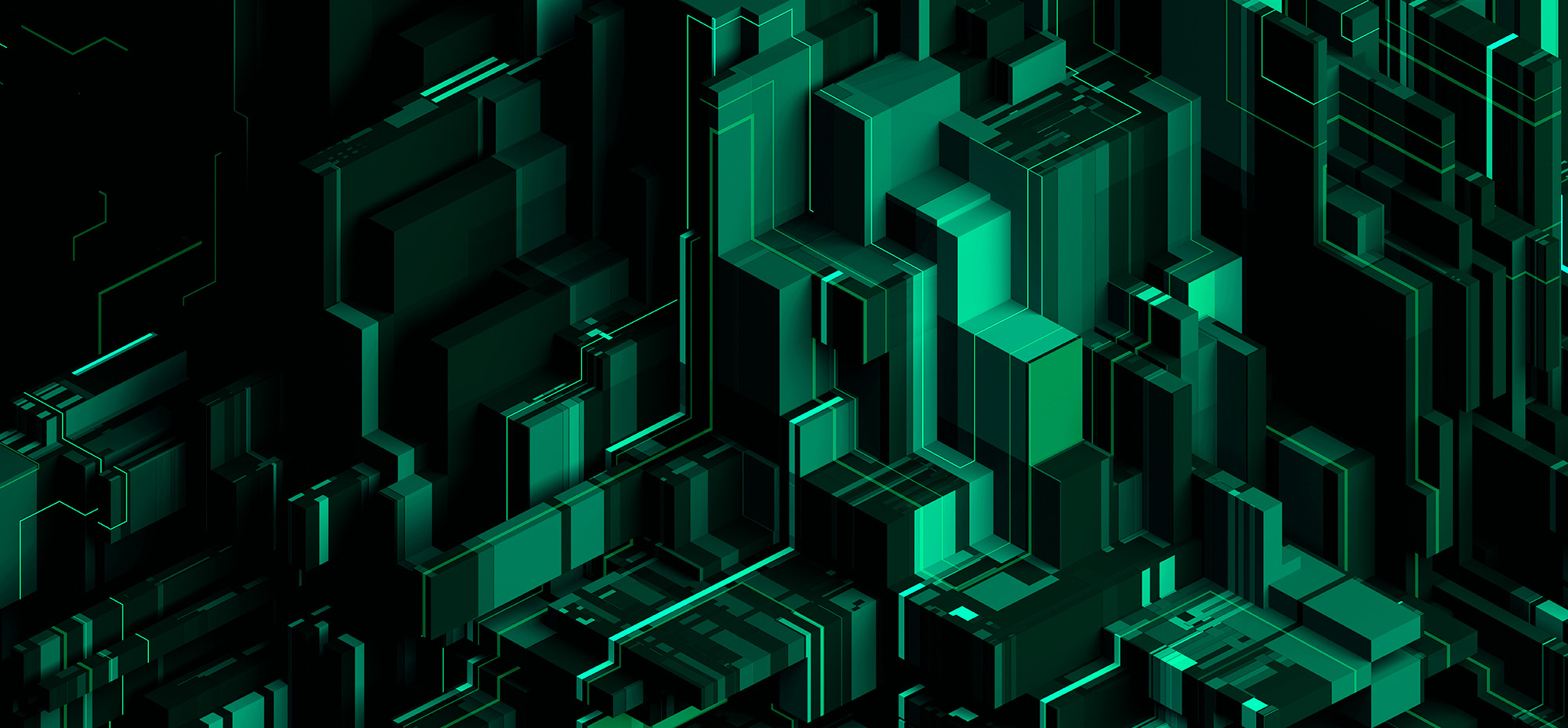 A futuristic abstract 3D rendering of green glowing geometric blocks and lines, resembling a digital cityscape or circuit board structure.