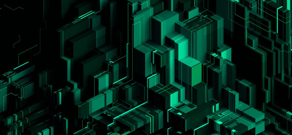 A futuristic abstract 3D rendering of green glowing geometric blocks and lines, resembling a digital cityscape or circuit board structure.