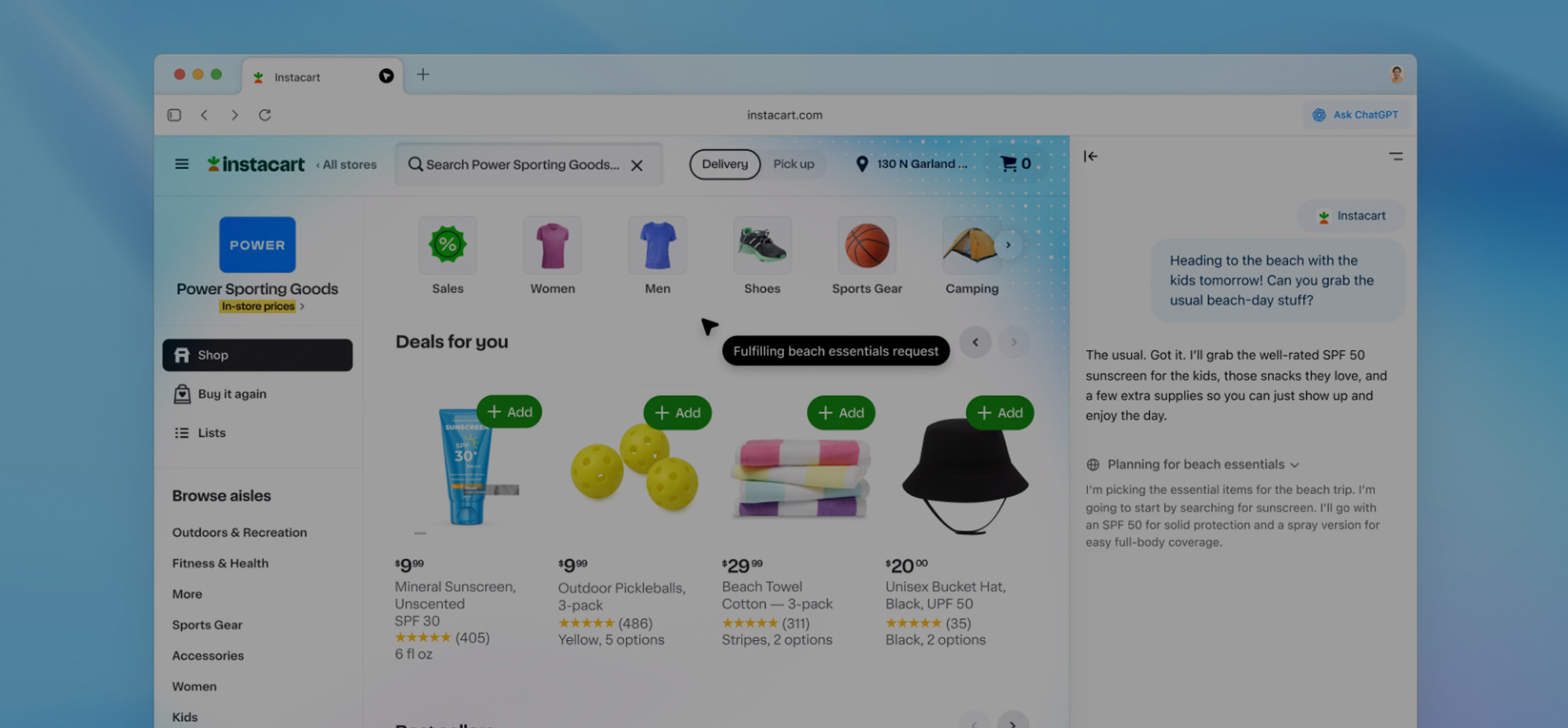 Screenshot of Instacart’s web interface showing a ChatGPT sidebar assisting with shopping for beach essentials.