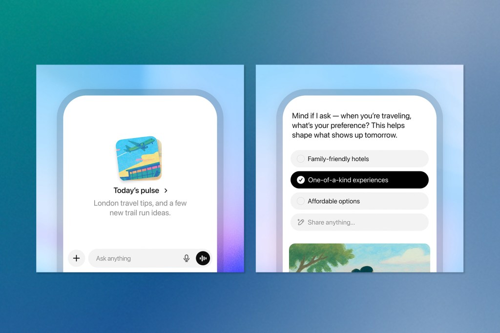 Two screenshots of a mobile app interface. Left shows 'Today’s pulse' with London travel tips and trail run ideas. Right shows a travel preference survey with options like family-friendly hotels, one-of-a-kind experiences, and affordable options.