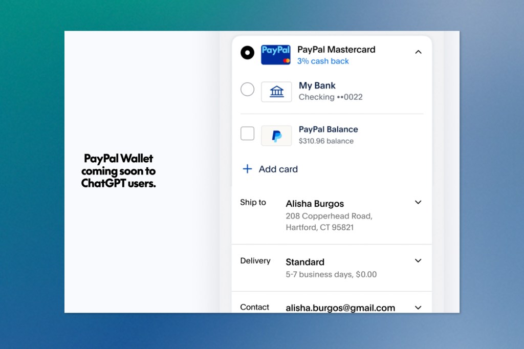 Screenshot showing PayPal Wallet setup in ChatGPT, with payment and shipping options displayed for a user order.