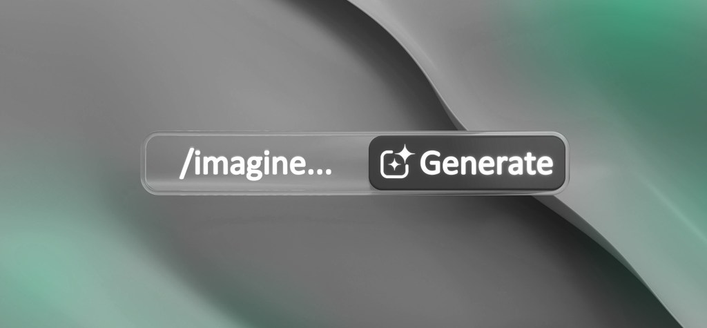 A sleek interface bar showing the command “/imagine…” followed by a glowing “Generate” button, representing AI image generation and creative collaboration between humans and machines.