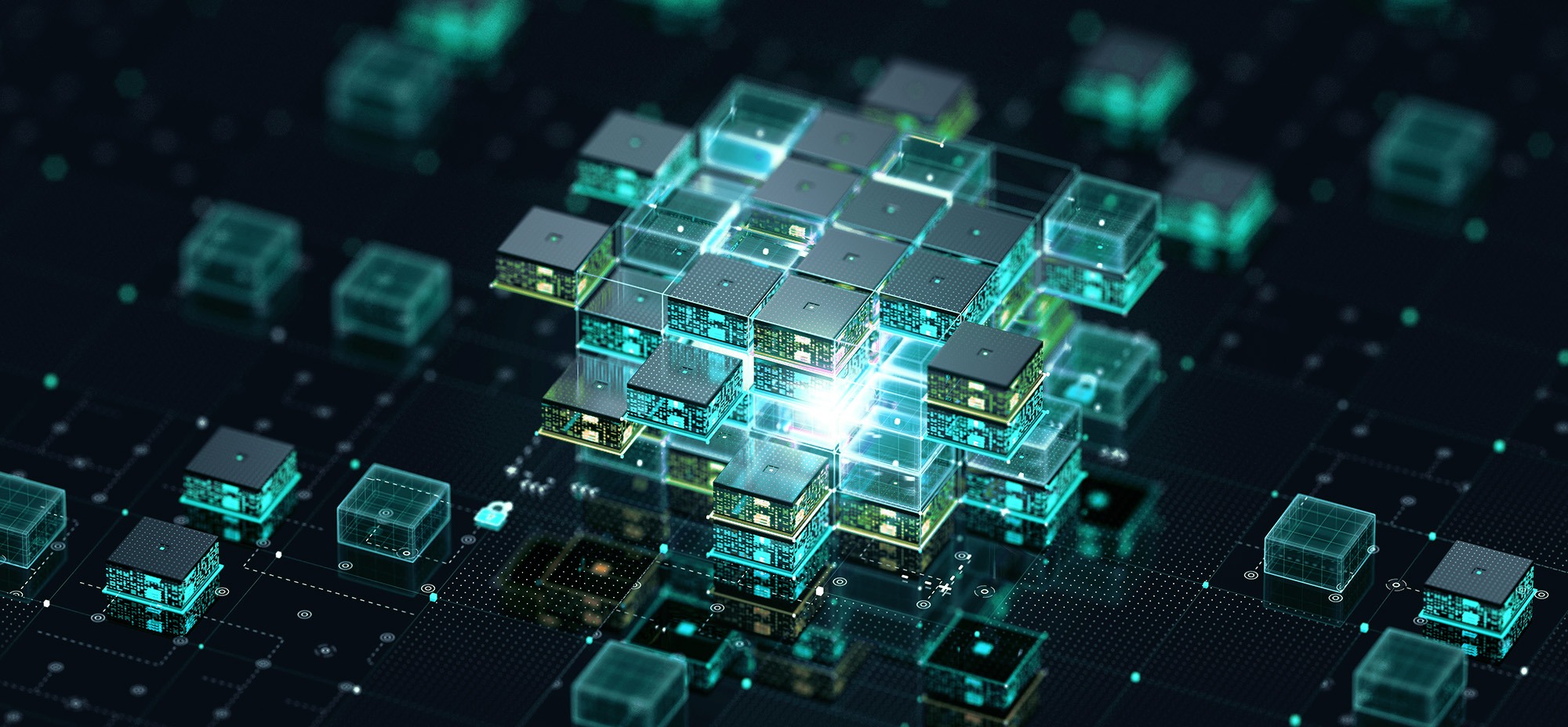 3D illustration of interconnected digital blocks representing modern API-based architecture.