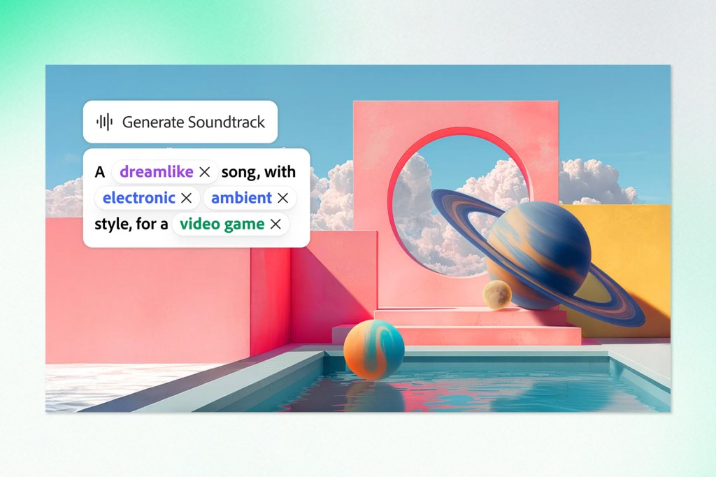 Surreal pastel 3D scene with floating planets and a “Generate Soundtrack” AI prompt for ambient video game music.