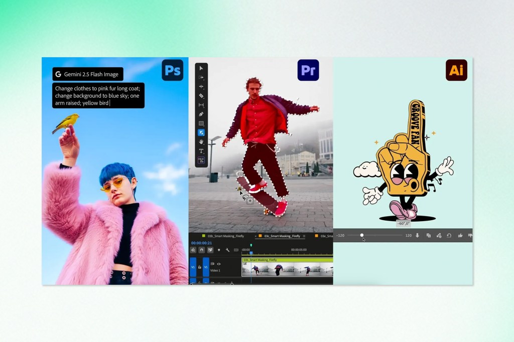 Photoshop, Premiere Pro, and Illustrator side-by-side with AI edits applied: clothing and background changes in Photoshop, smart masking in Premiere, and vector rotation in Illustrator.