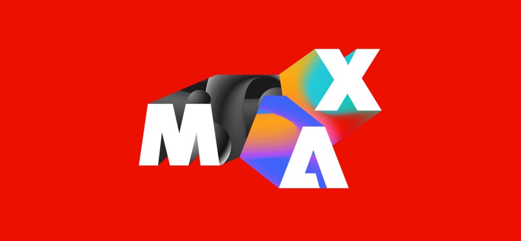 Adobe MAX 2025 logo with bold white letters and colourful 3D shapes on a bright red background.