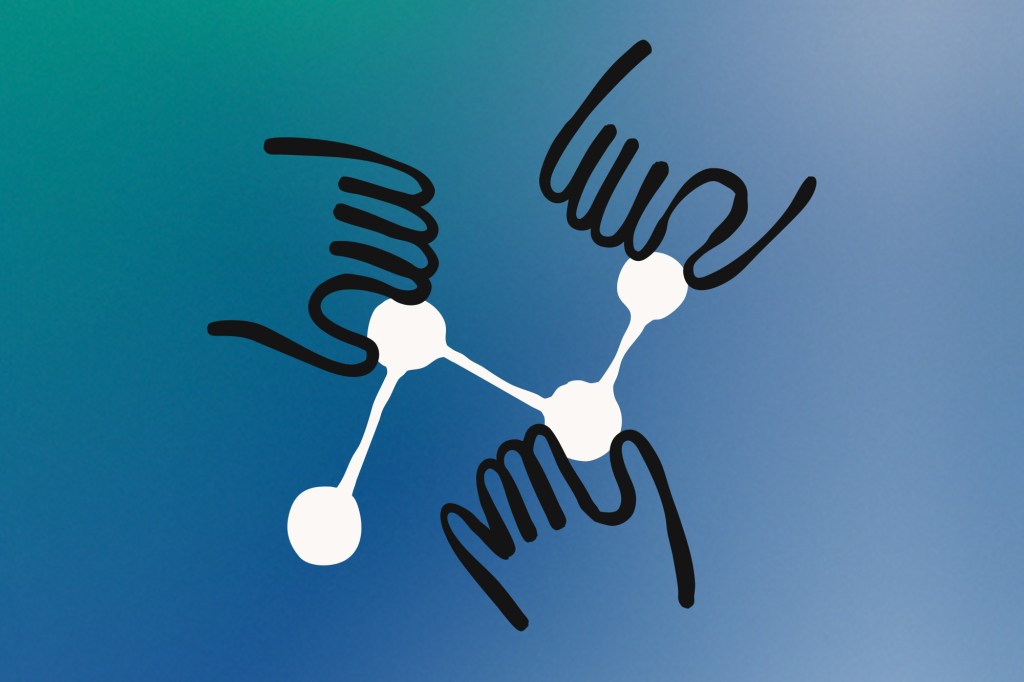 Illustration of three abstract hands reaching toward connected white nodes, symbolizing collaboration, networks, and the interconnected nature of AI systems, on a blue-green gradient background.