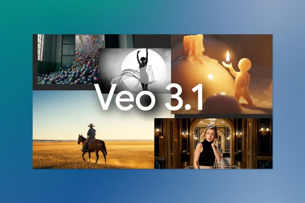 Promotional screen for Veo 3.1, Google’s state-of-the-art video generation model, featuring a collage of video thumbnails.
