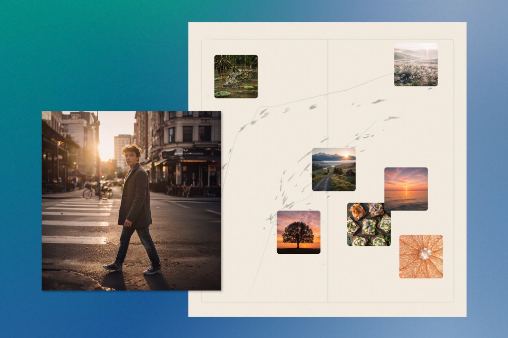 A collage featuring a photo of a man walking across a city street at sunset beside a digital layout displaying small square images of nature scenes, landscapes, and food. The composition evokes creativity and visual storytelling, highlighting AI-generated imagery.