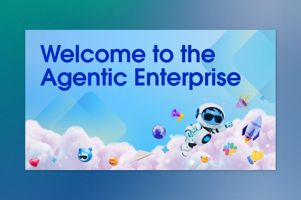 A bright blue graphic with the text “Welcome to the Agentic Enterprise.” A cheerful robot character floats among clouds and emojis, including rockets, paper planes, and the Slack logo—illustrating Salesforce’s vision of AI-driven enterprise collaboration.