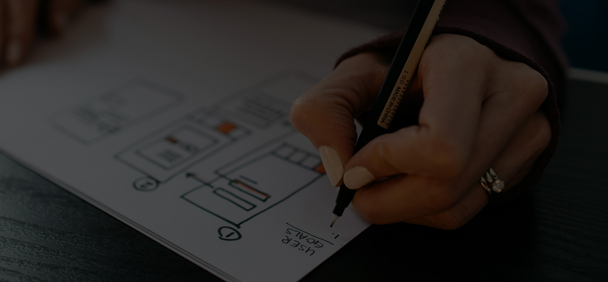 Close-up of a hand sketching a website wireframe on paper, with the words “User Goals” written in marker.