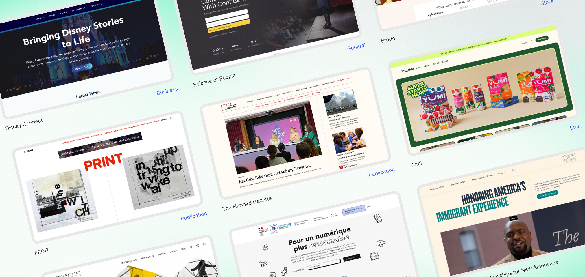 Collage of different WordPress-powered websites including Disney Connect, Science of People, Brodo, Yumi, PRINT Magazine, The Harvard Gazette, and others, showcasing a variety of layouts from business to e-commerce and publications.