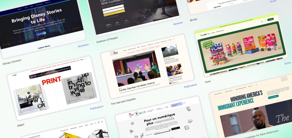 Collage of different WordPress-powered websites including Disney Connect, Science of People, Brodo, Yumi, PRINT Magazine, The Harvard Gazette, and others, showcasing a variety of layouts from business to e-commerce and publications.