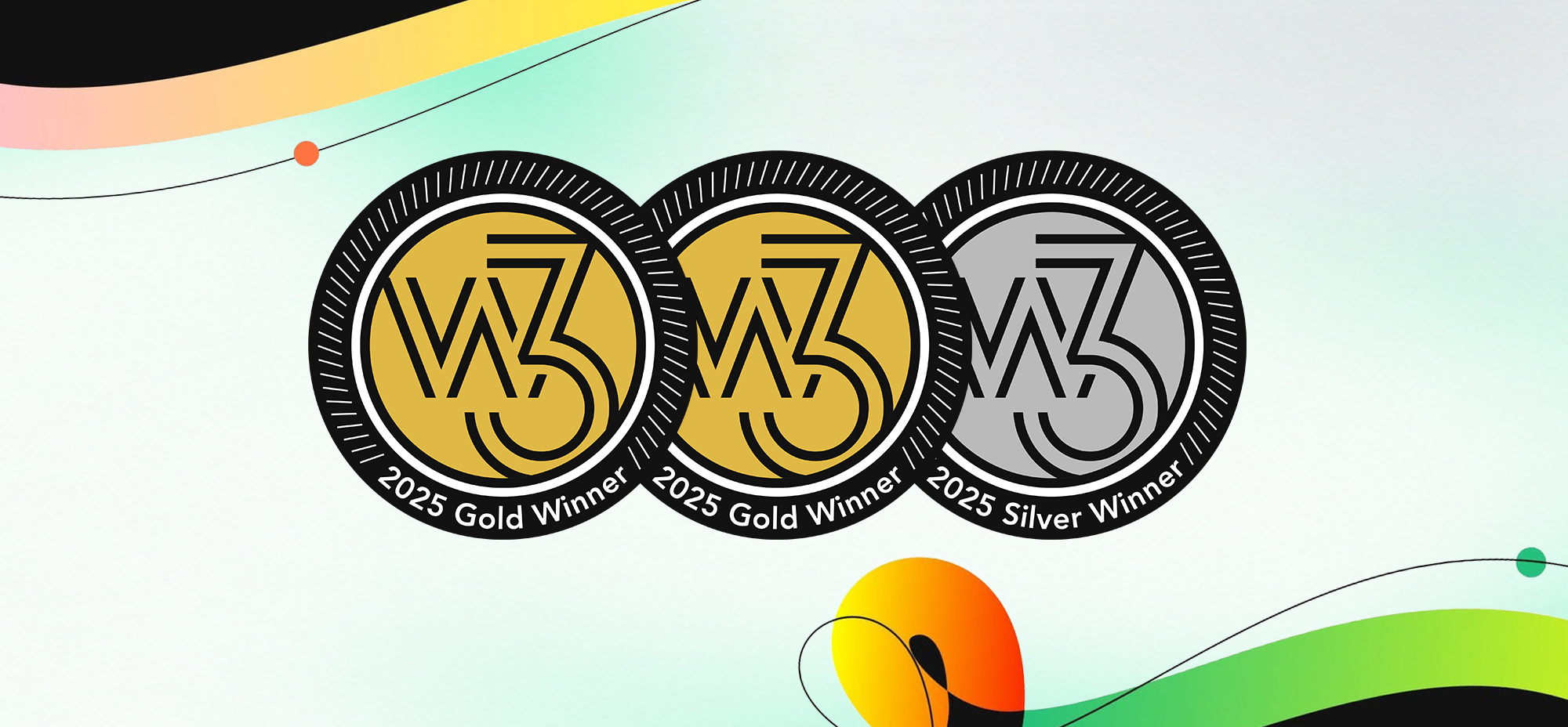 Three circular badges for the 2025 w3 Awards: two gold medals labeled '2025 Gold Winner' and one silver medal labeled '2025 Silver Winner,' displayed against a light gradient background with colourful abstract shapes.