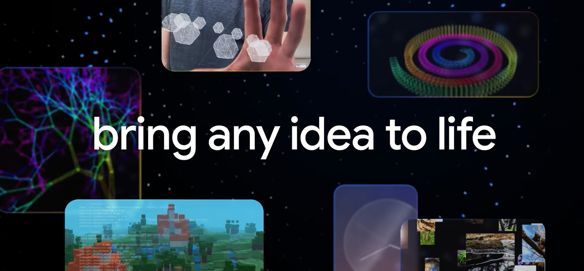 A collage of colourful digital visuals surrounding the text “bring any idea to life” on a dark, star-like background.