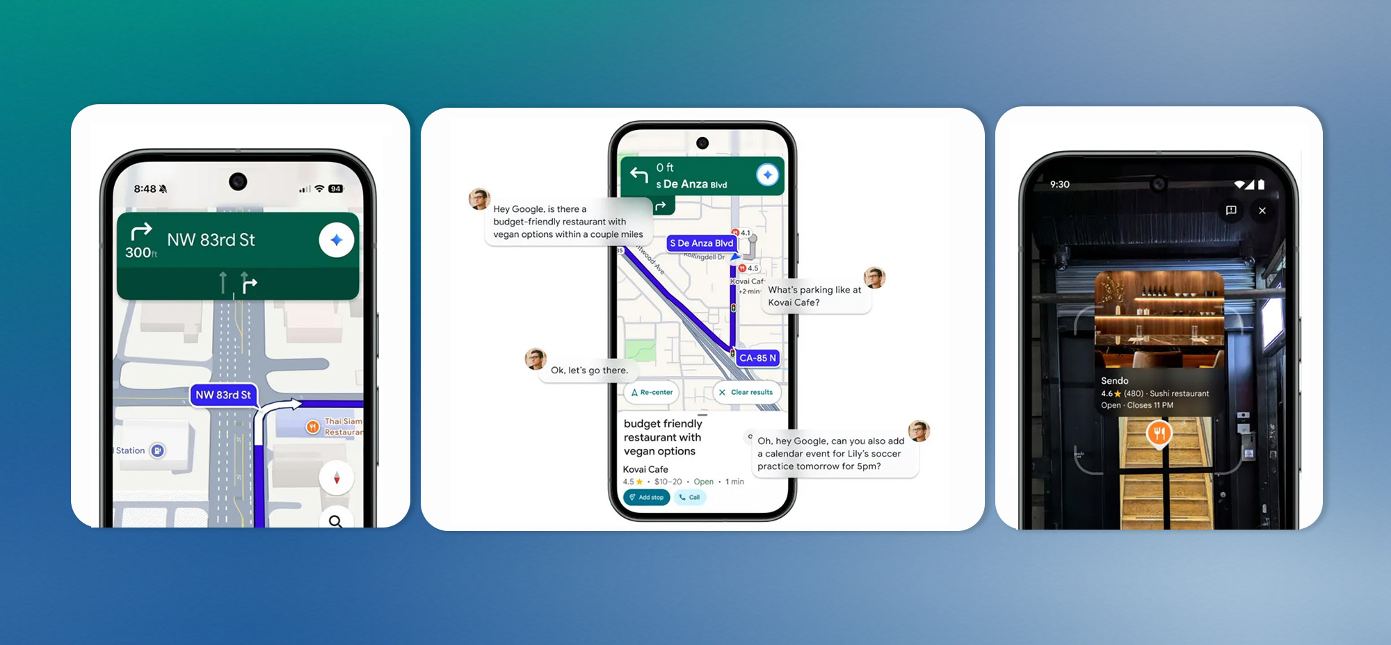 A collage of three smartphone screenshots showcasing new Google Maps AI tools. The screens display turn-by-turn navigation, conversational prompts for finding restaurants and planning routes, and an AI-powered visual search view inside a restaurant. The images appear on a blue-to-green gradient background.