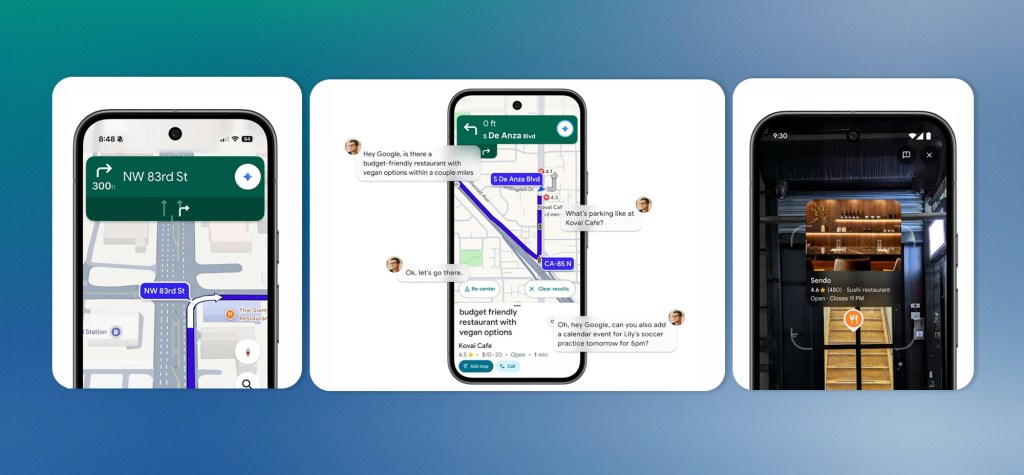A collage of three smartphone screenshots showcasing new Google Maps AI tools. The screens display turn-by-turn navigation, conversational prompts for finding restaurants and planning routes, and an AI-powered visual search view inside a restaurant. The images appear on a blue-to-green gradient background.