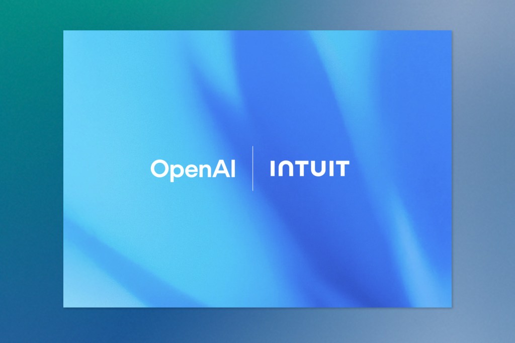 Graphic showing the OpenAI and Intuit logos side by side on a blue gradient background.
