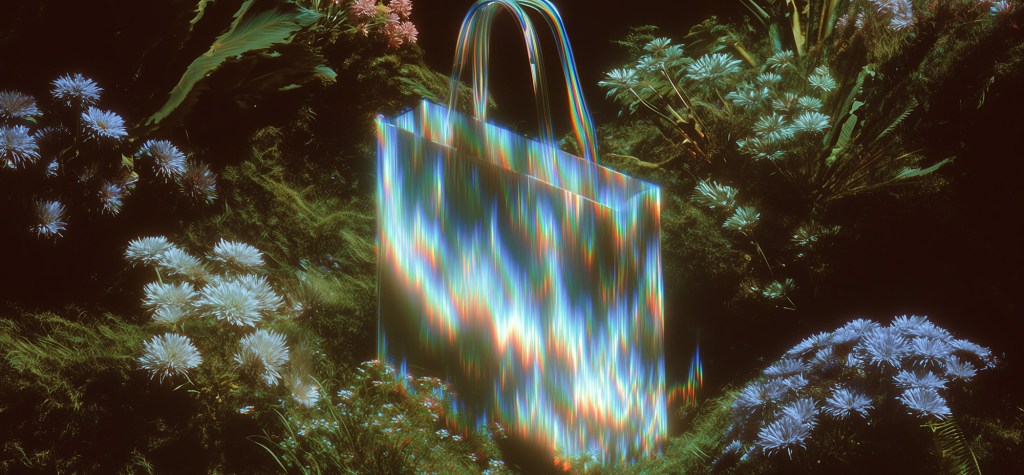 A holographic, rainbow-reflective tote bag sits on mossy ground surrounded by clusters of glowing, pastel-coloured flowers. The scene has a dreamy, otherworldly atmosphere with soft light creating shimmering streaks across the bag’s surface.