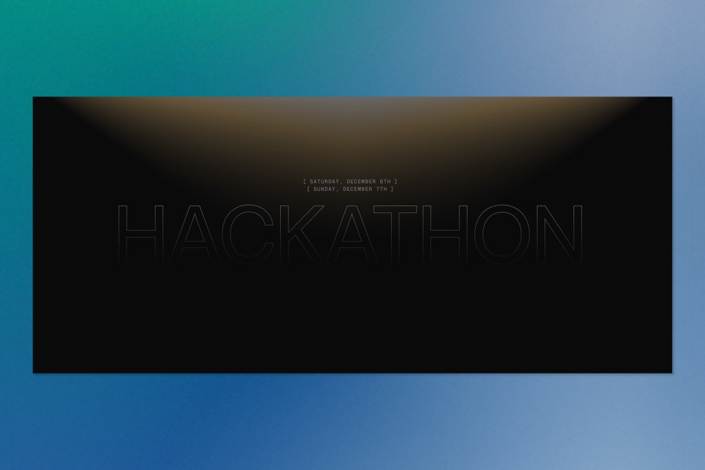 A dark, minimalist promotional poster for an xAI hackathon. The word “HACKATHON” appears in large, subtle lettering across the center. Above it, small text lists the event dates: Saturday, December 6th and Sunday, December 7th. Soft lighting gradients create a dramatic effect over a black background.