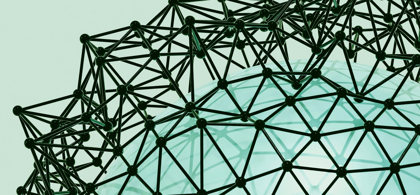 A close-up 3D illustration of an abstract geometric network formed by interconnected black nodes and rods wrapped around a translucent teal sphere, symbolizing AI systems.