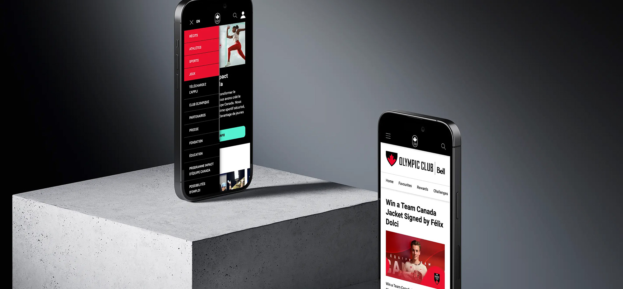 Two smartphones standing upright on a concrete pedestal against a dark gradient background. One phone displays the Team Canada website navigation menu in French, while the other shows the Canadian Olympic Club homepage with a contest featuring athlete Félix Dolci.
