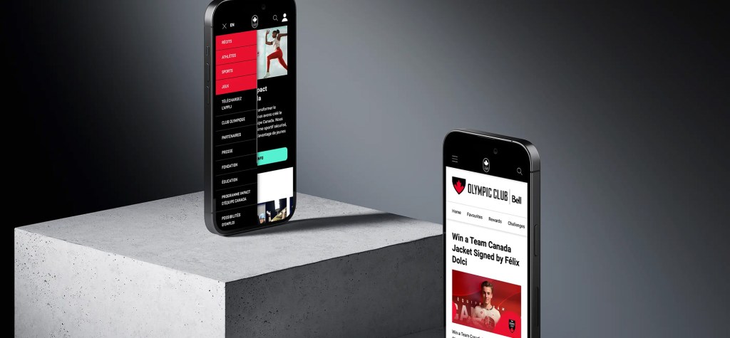 Two smartphones standing upright on a concrete pedestal against a dark gradient background. One phone displays the Team Canada website navigation menu in French, while the other shows the Canadian Olympic Club homepage with a contest featuring athlete Félix Dolci.