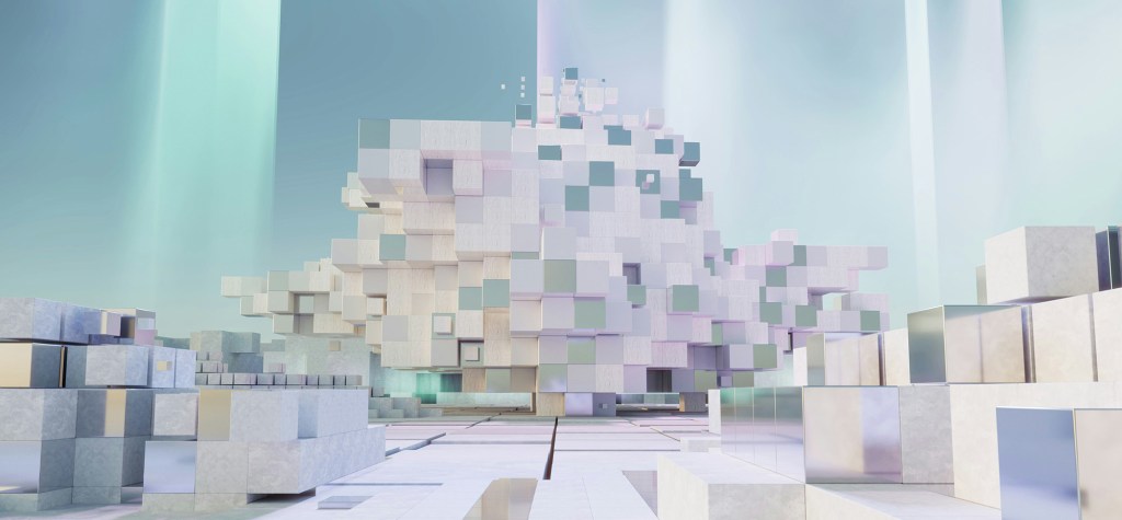 A futuristic structure made of stacked pastel cubes under soft beams of light, creating an abstract architectural landscape.