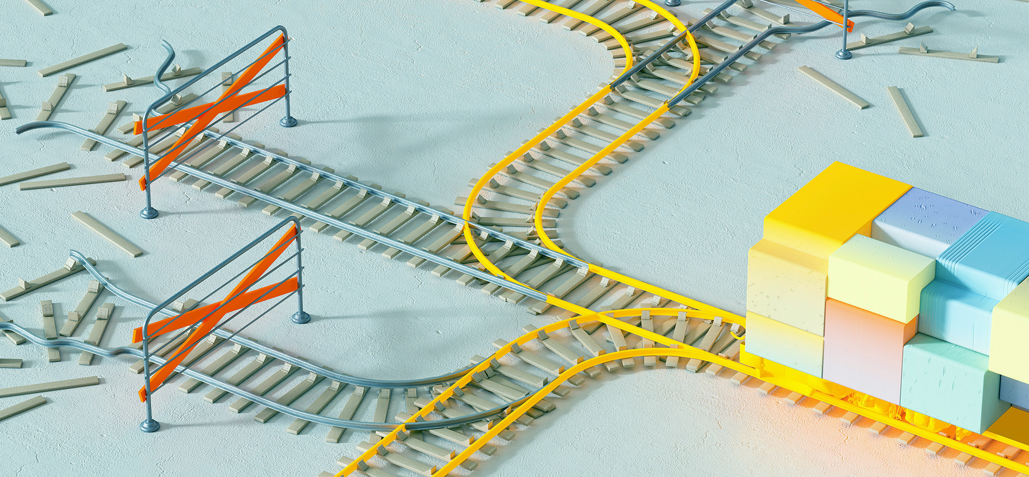 An abstract railway scene with yellow and silver tracks splitting in different directions. Several rails are bent or barricaded with orange warning tape, while scattered wooden planks lie on the ground. A colourful blocky train sits on one of the intact tracks.