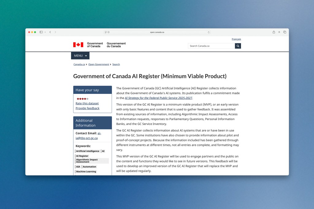 A screenshot of the Government of Canada’s AI Register webpage, showing the site’s header, navigation menu, and introductory text about the minimum viable product version of the federal AI system register.