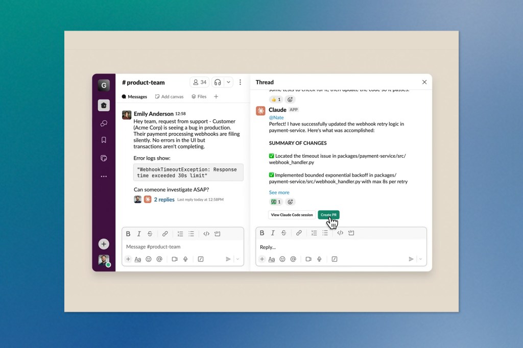 A Slack interface shows a support request about a production bug alongside a Claude AI assistant response summarizing code fixes, with a cursor hovering over a “Create PR” button.