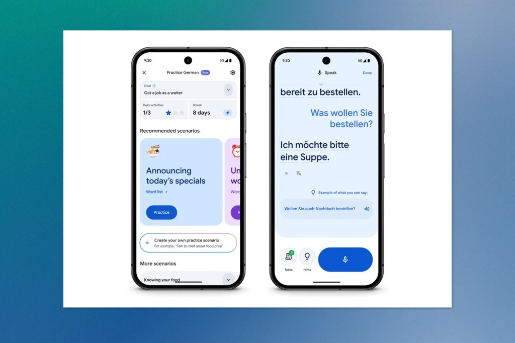 Two smartphones side by side showing Google Translate’s language practice feature, including a German conversation prompt and interactive speaking interface.
