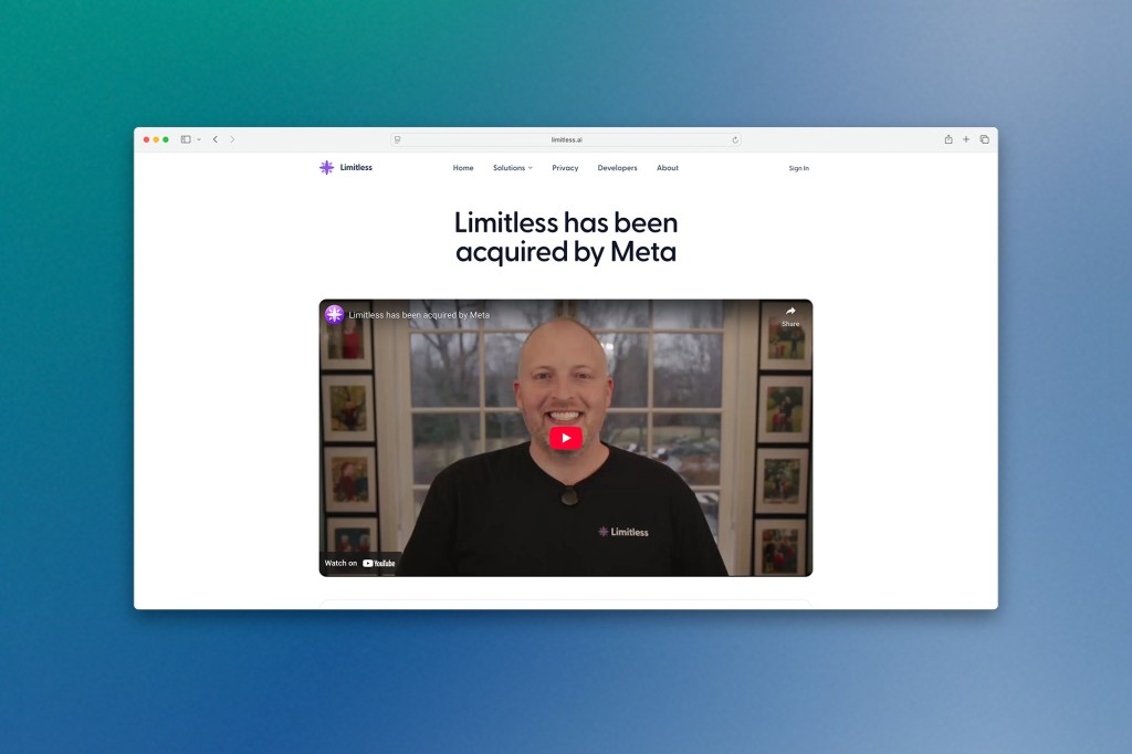 A webpage displays the headline “Limitless has been acquired by Meta” above an embedded video featuring a smiling person speaking on camera.