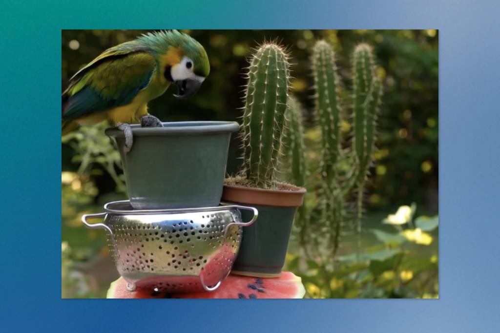 A colourful parrot perched on the rim of a green plant pot, stacked on top of a metal colander and a watermelon slice. A tall cactus in a clay pot stands beside it, with a blurred garden in the background.