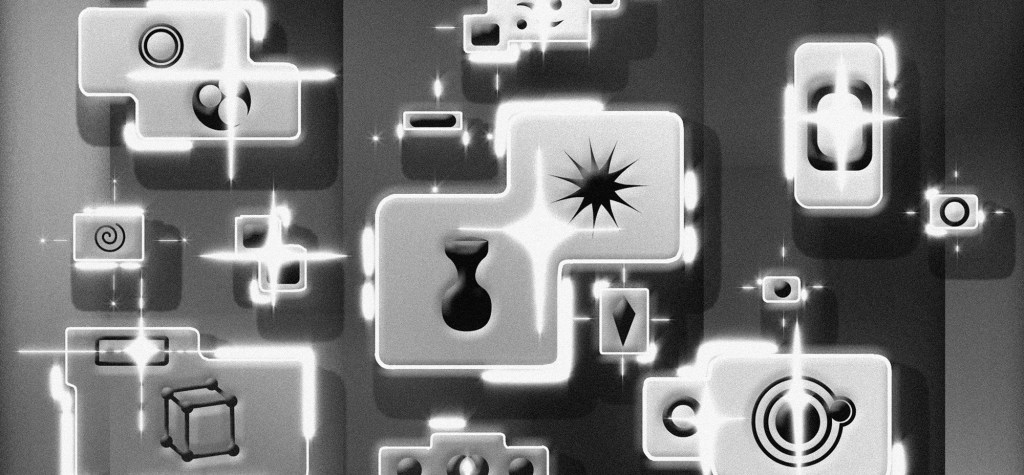 Abstract black-and-white illustration of interconnected glowing blocks and symbols, suggesting modular systems, data flow, and AI-driven digital architecture.