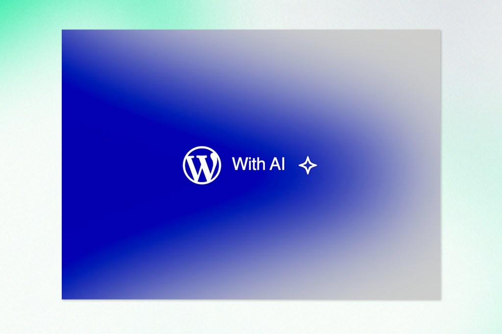 A gradient background transitioning from blue to light grey. In the centre, the WordPress logo is followed by the text “With AI” and a small four-point star icon, all in white.