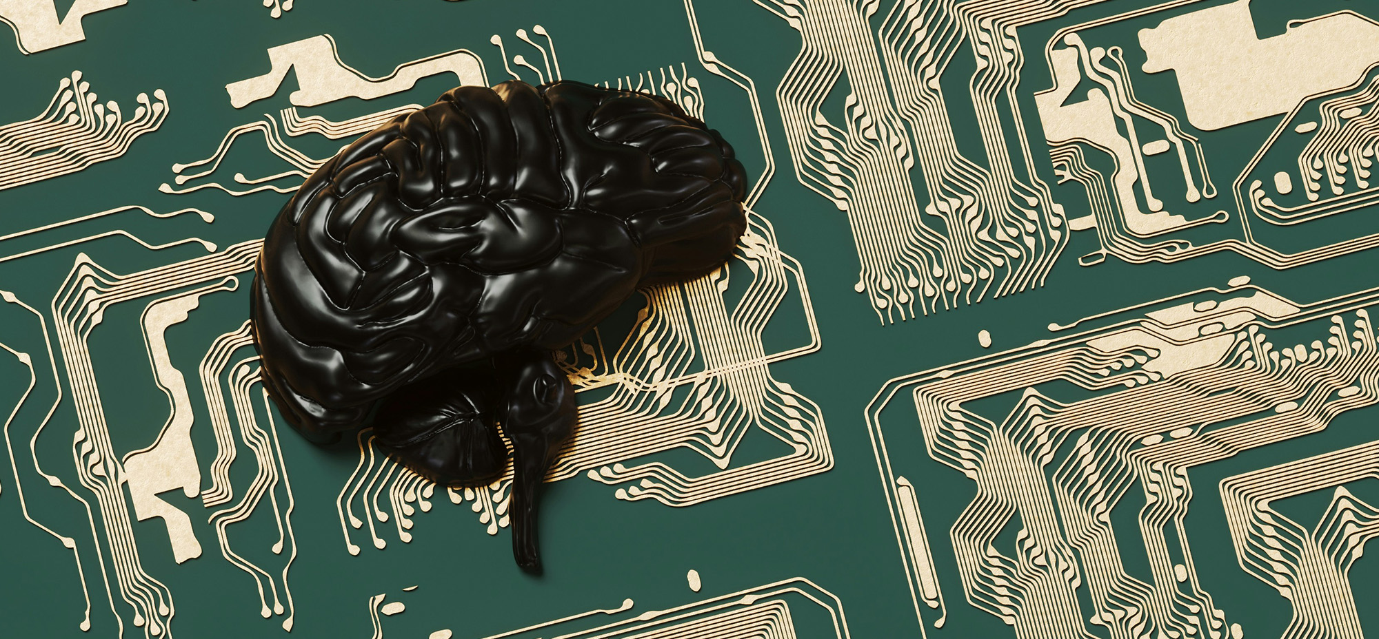 A glossy black sculpted brain rests on a green circuit board patterned with intricate gold pathways, blending organic and digital elements.