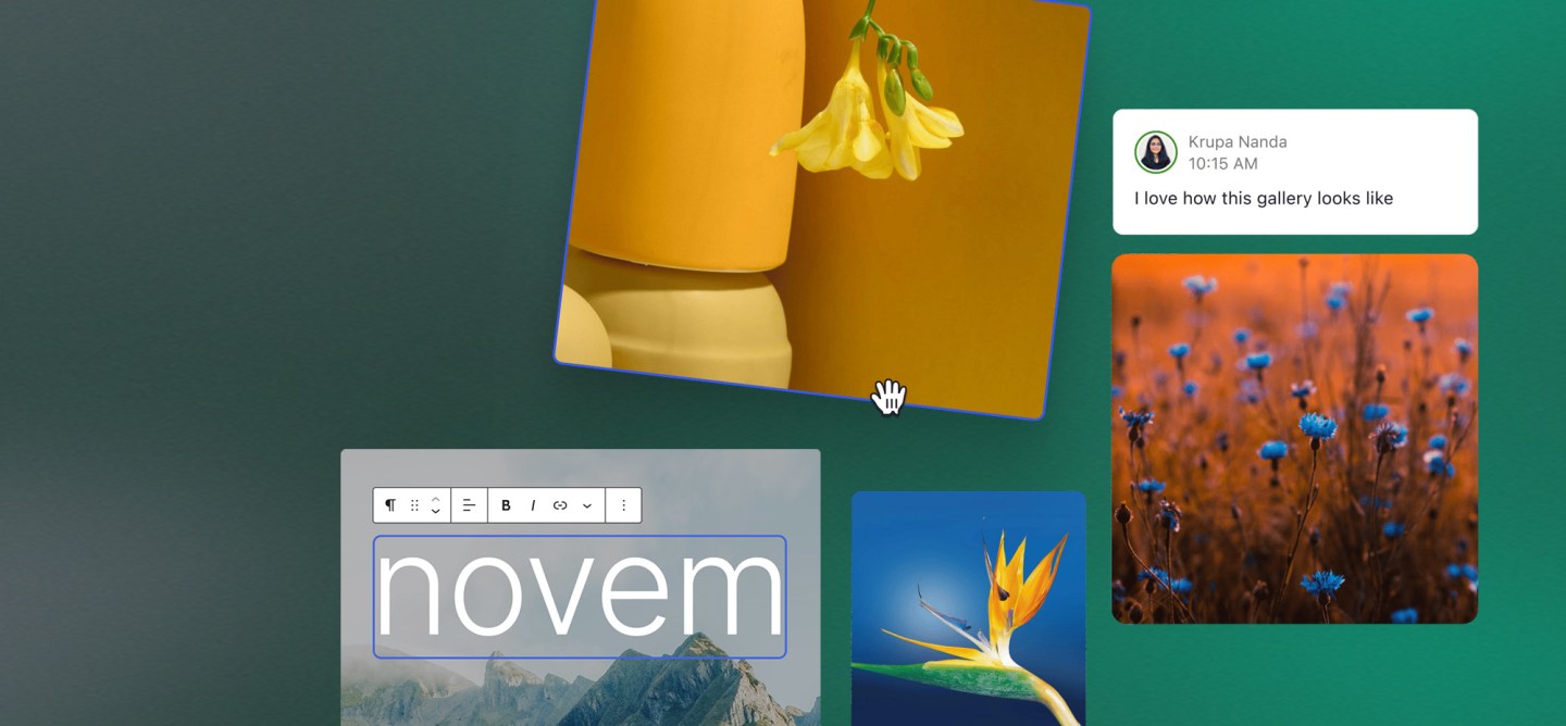 A collage-style view of the WordPress editor showing draggable image blocks, inline comments, and text editing controls. A cursor shaped like a hand hovers over a tilted yellow-themed photo. Surrounding elements include a gallery comment, a text block reading “novem,” and vibrant flower images, all on a green gradient background.
