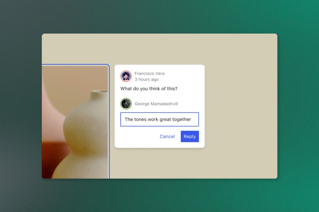 A WordPress interface showing an inline comment popup where a user named Francisco Vera asks, “What do you think of this?” Another user, George Mamadashvili, types a reply that reads, “The tones work great together,” with Cancel and Reply buttons beneath the text box. A blurred photo of a ceramic vase appears beside the comment panel.