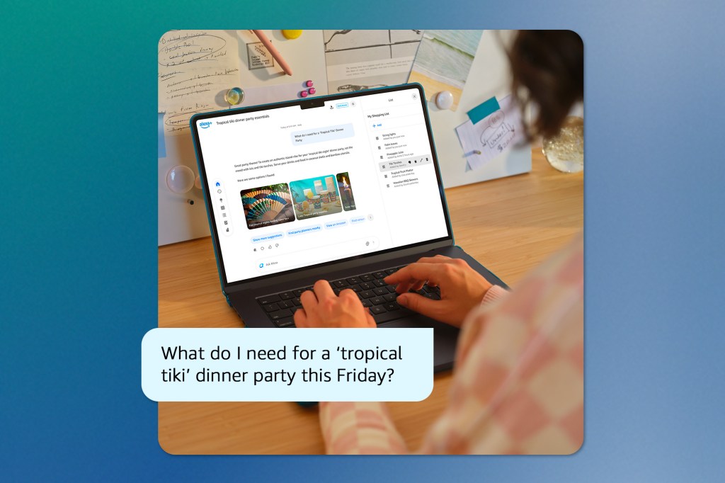 Person using a laptop with an AI assistant interface open, asking what’s needed for a tropical tiki dinner party, with product suggestions displayed on screen.