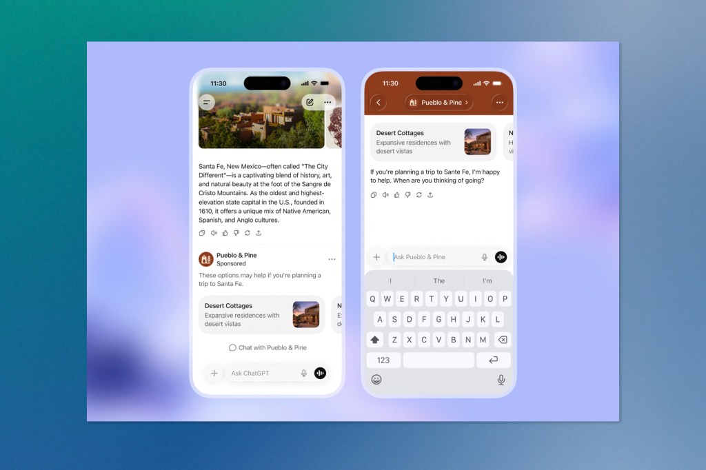 Two smartphones showing ChatGPT conversational ads, highlighting personalized travel recommendations and sponsored results within a chat interface.