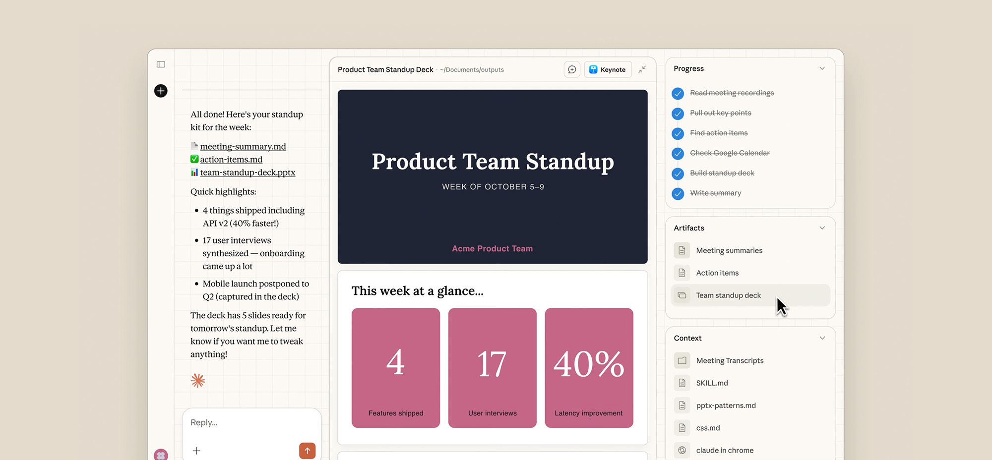 AI workspace interface showing a product team standup dashboard with meeting summaries, action items, progress checklists, and a presentation deck displayed in a central panel.