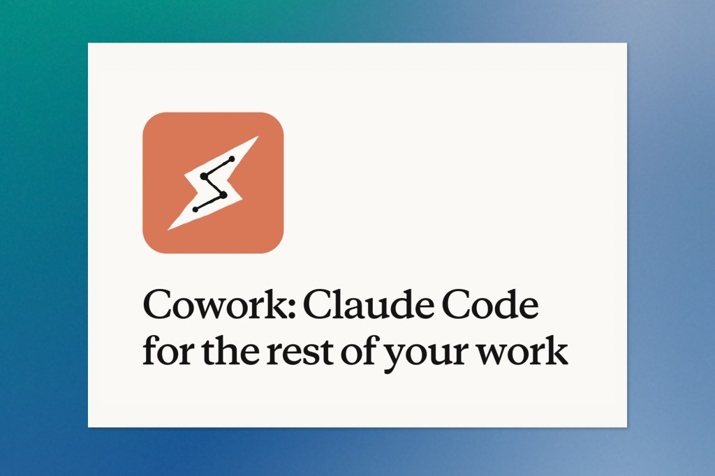 Promotional graphic with the Cowork logo and the headline ‘Claude Code for the rest of your work’ displayed on a light background over a blue-green gradient.
