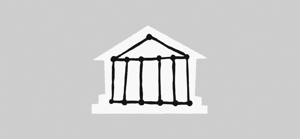 Hand-drawn illustration of a classical building representing institutions or governance, on a grey background.