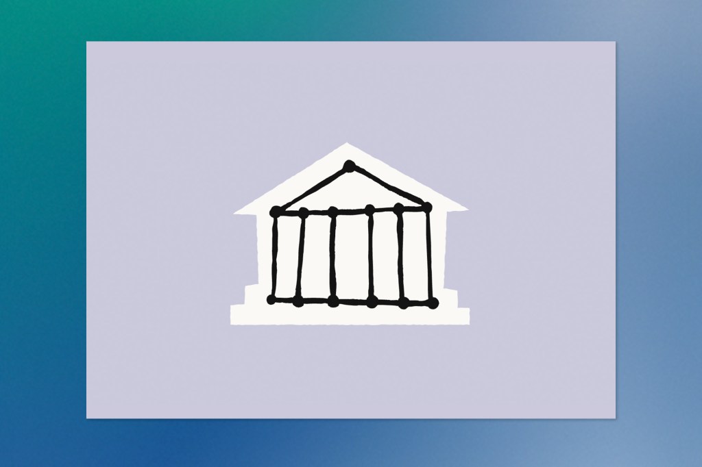 Hand-drawn illustration of a classical building representing institutions or governance, on a grey background.