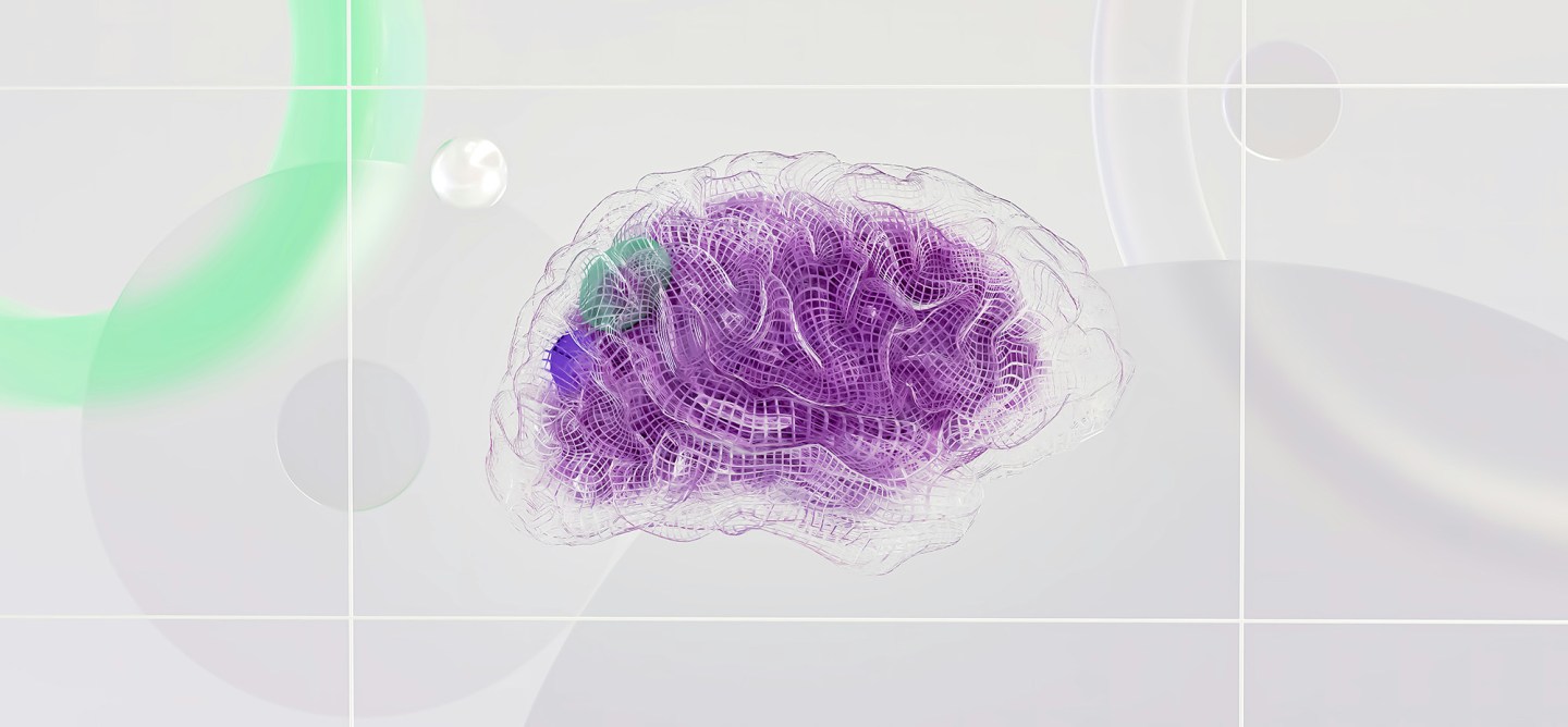 Abstract wireframe illustration of a human brain in purple tones, set against a soft grid and translucent geometric shapes.