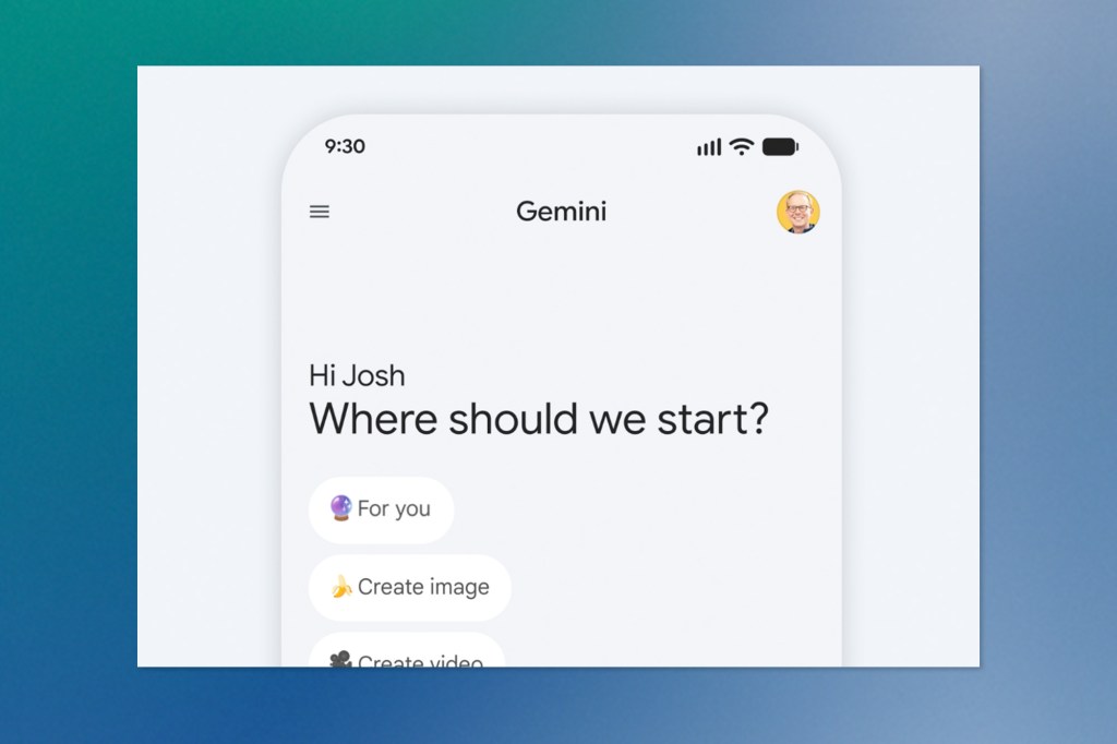 Google Gemini mobile app interface greeting the user with “Where should we start?” and options for personalized AI actions.