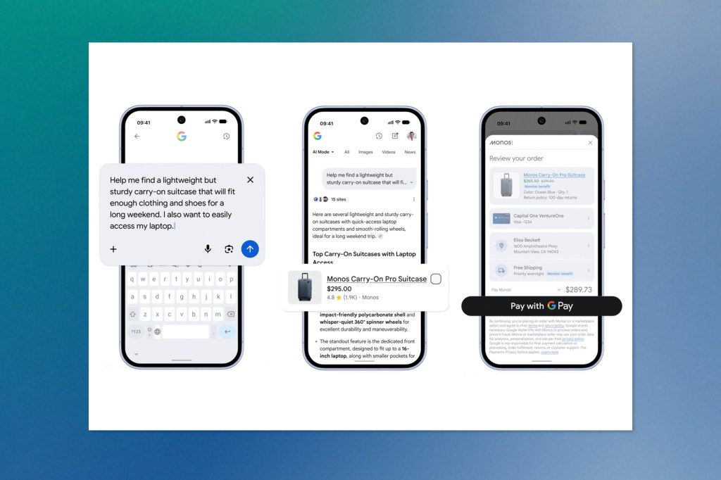 Three smartphone screens illustrating an AI-powered shopping journey, from a conversational product query to search results and a checkout screen with Google Pay.