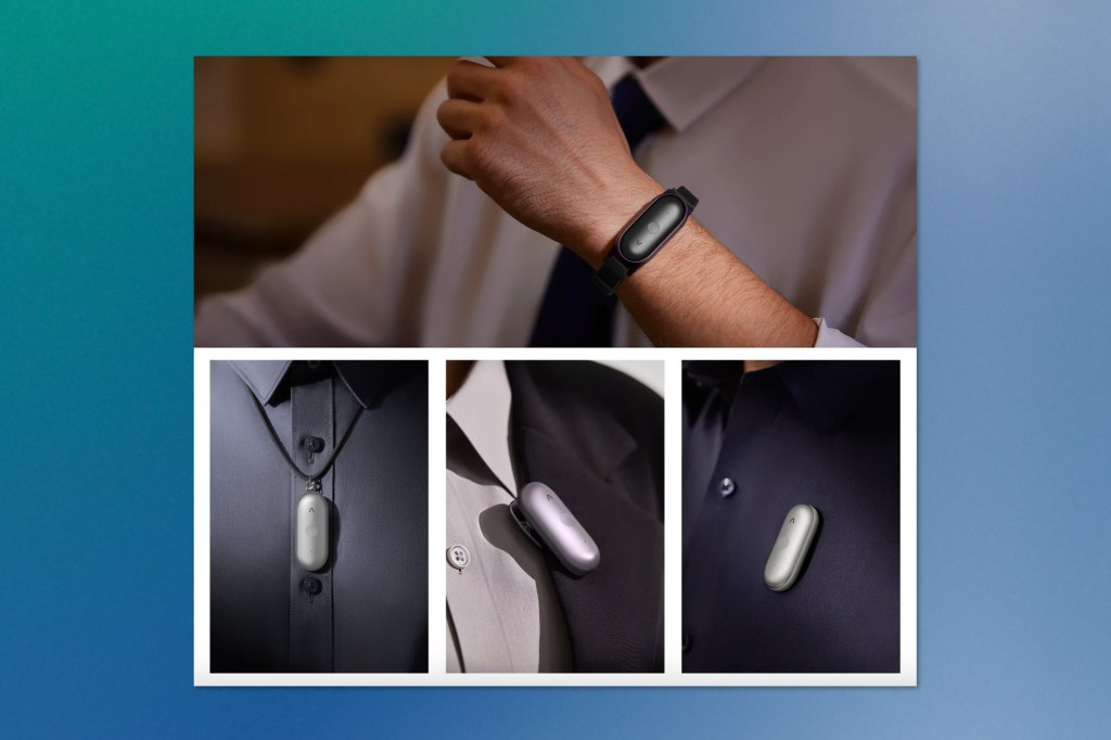 Plaud AI voice recorder shown clipped to clothing and worn as a wristband, displayed in multiple close-up lifestyle shots.