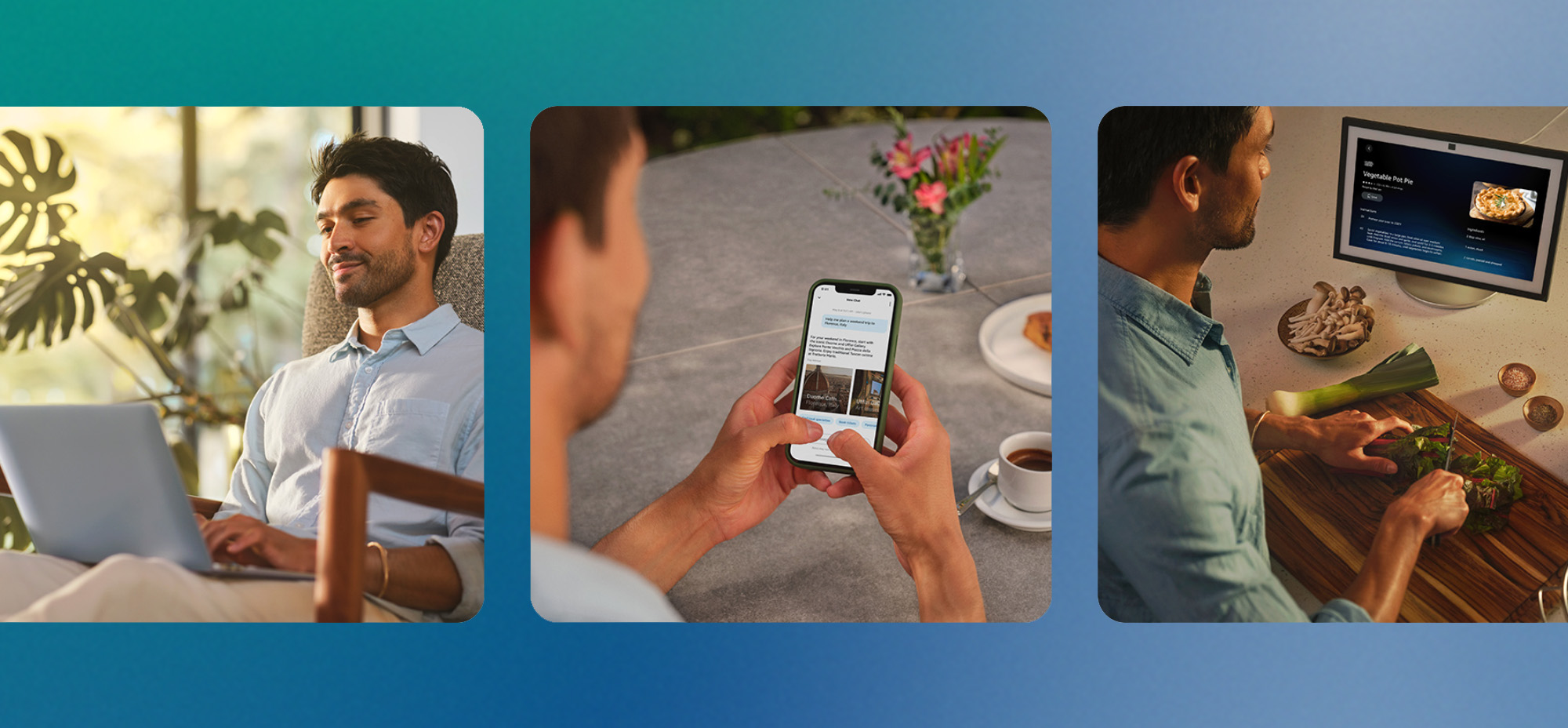 Three images showing everyday AI use: a person working on a laptop at home, someone browsing content on a smartphone at a table, and a person following a digital recipe while preparing food.